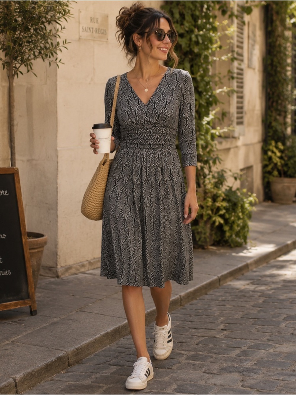 Anthropologie Dress Maeve GALENA Black White Print Midi Medium 3/4 sleeve V Neck
